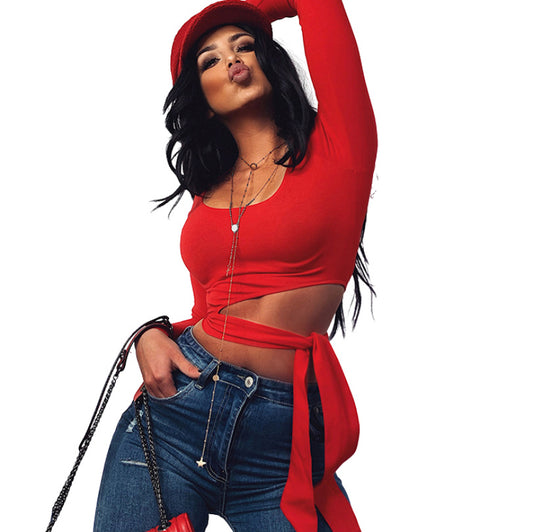 Navel Pure Color Round Neck Sexy Crop Top