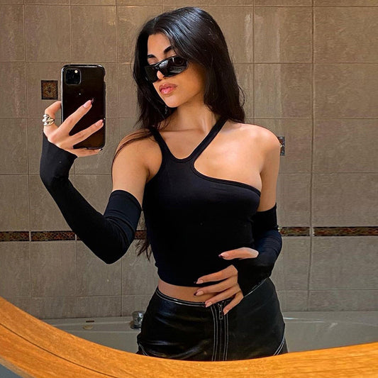 Fashion Navel Strapless Irregular Split Sleeves Slim Sexy T-shirt Women