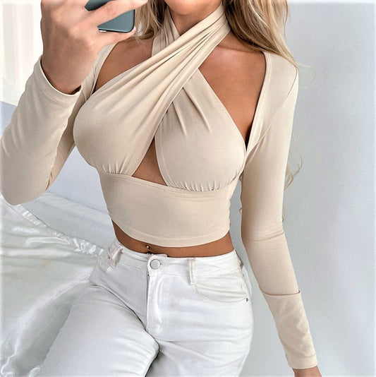 Cross-neck Loose T-shirt Raglan Sleeves Hollow Top Women