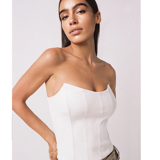 Sexy PU Leather Fishbone Strapless Neck Wrap Chest Vest Top Women