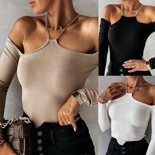 Kraag met lange mouwen strapless sexy effen kleur top dames
