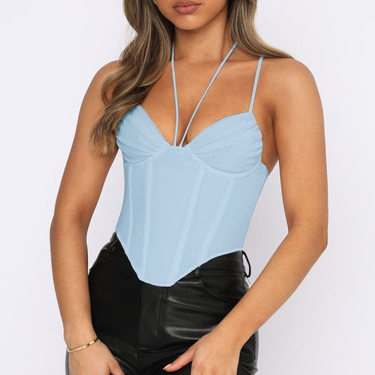 Hanging Neck Corset Suspender Top Short Top V-neck Fishbone Vest Summer New