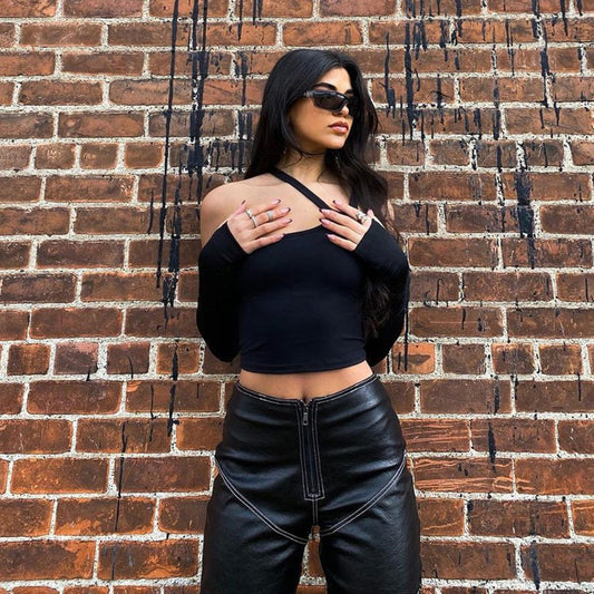 Fashion Navel Strapless Irregular Split Sleeves Slim Sexy T-shirt Women