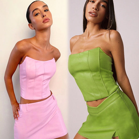 Sexy PU Leather Fishbone Strapless Neck Wrap Chest Vest Top Women