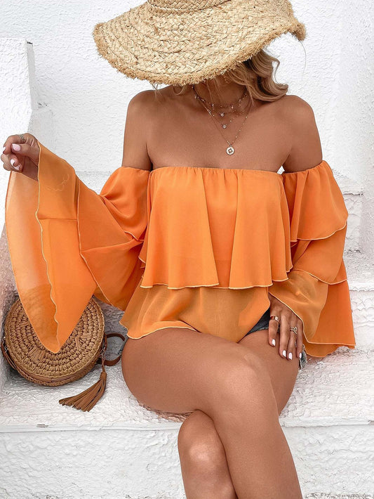 Summer new fashion casual one shoulder strapless ruffle chiffon